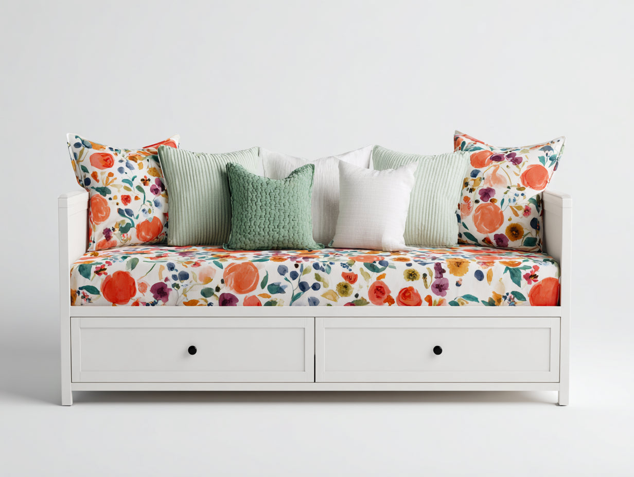 Schlafsofa 200 x 90 x 85 cm - Weißer Rahmen mit floralem Stoffbezug - Funktionssofa mit Stauraumschubladen
