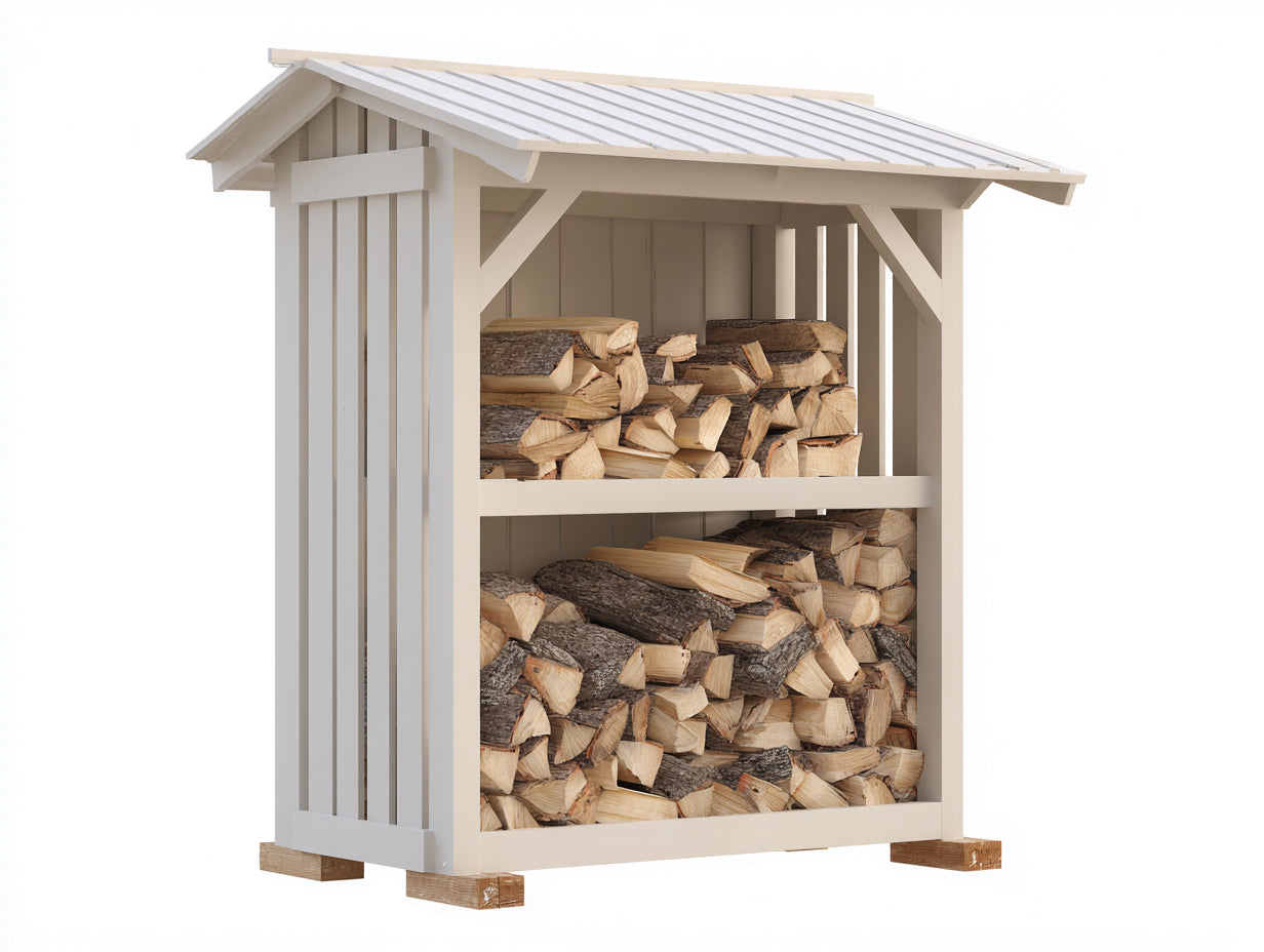 Kaminholzregal 120 x 50 x 160 cm - Weißes Holzregal mit Dach und zwei Ebenen - Praktische Brennholzlagerung für Garten Terrasse und Außenbereich