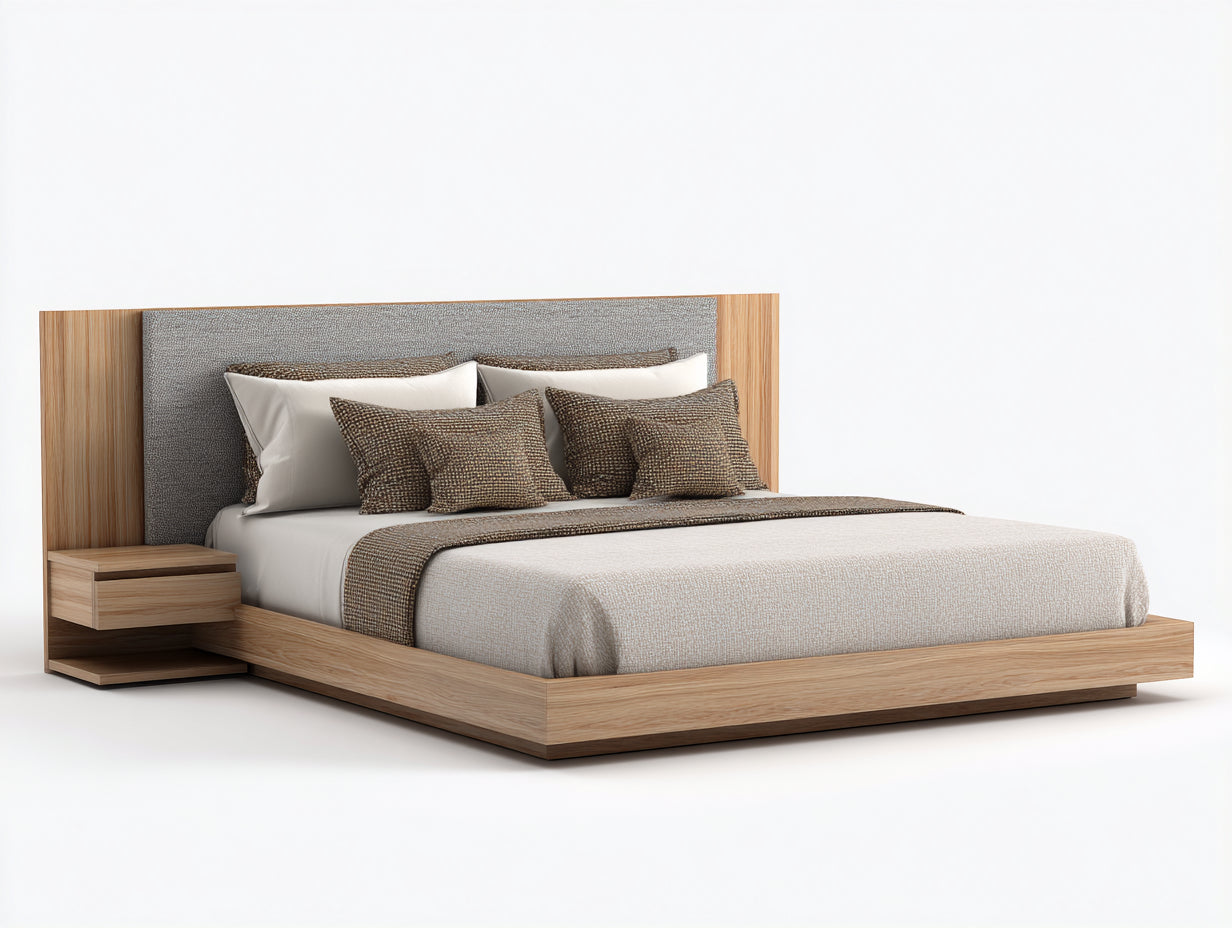 Doppelbett 200 x 180 x 95 cm - Holzoptik mit Stoffkopfteil in Beige - Modernes Polsterbett mit integriertem Nachttisch
