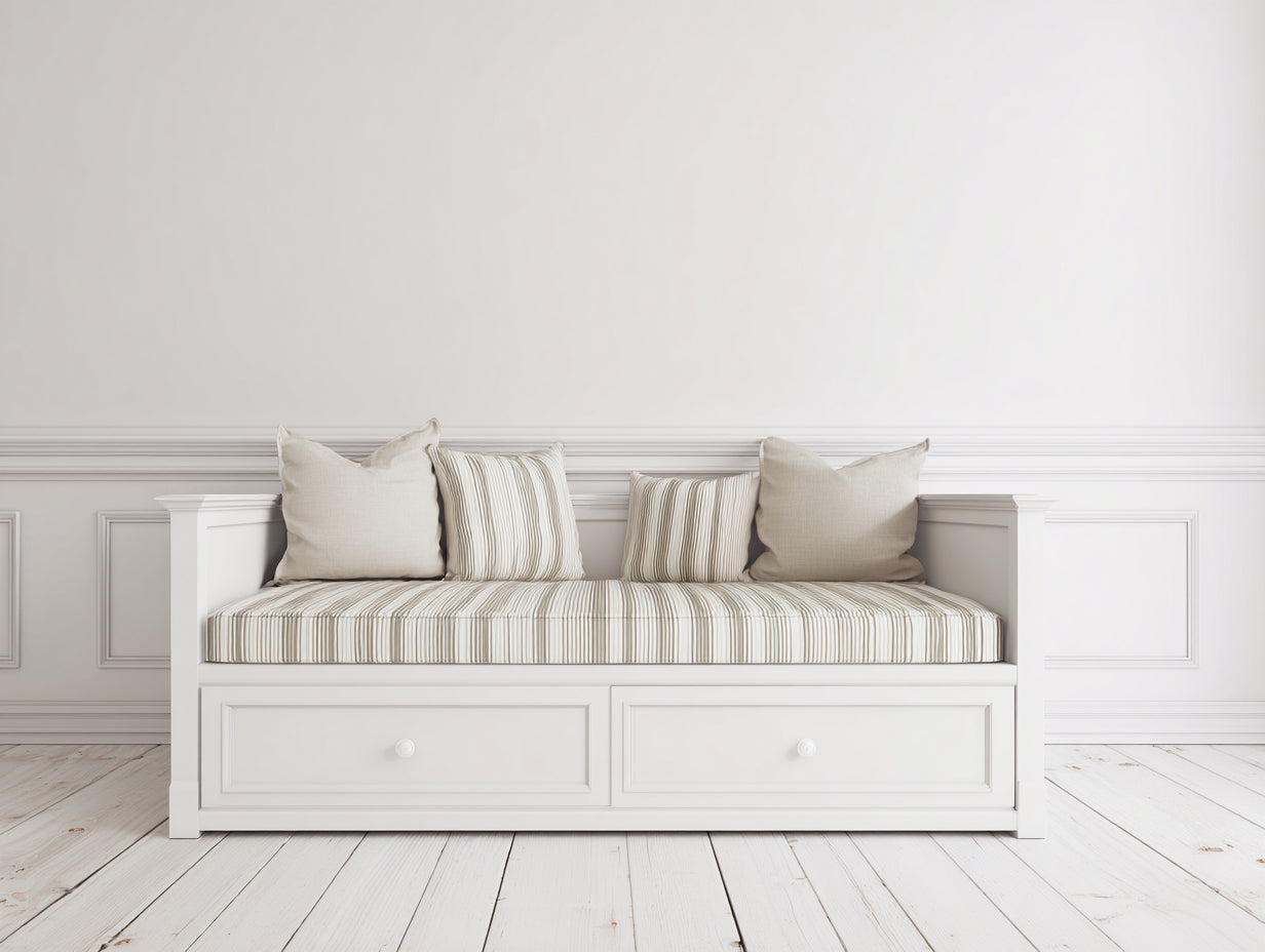 Schlafsofa 200 x 90 x 85 cm - Weißer Holzrahmen mit gestreiftem Stoffbezug - Funktionssofa mit zwei Schubladen