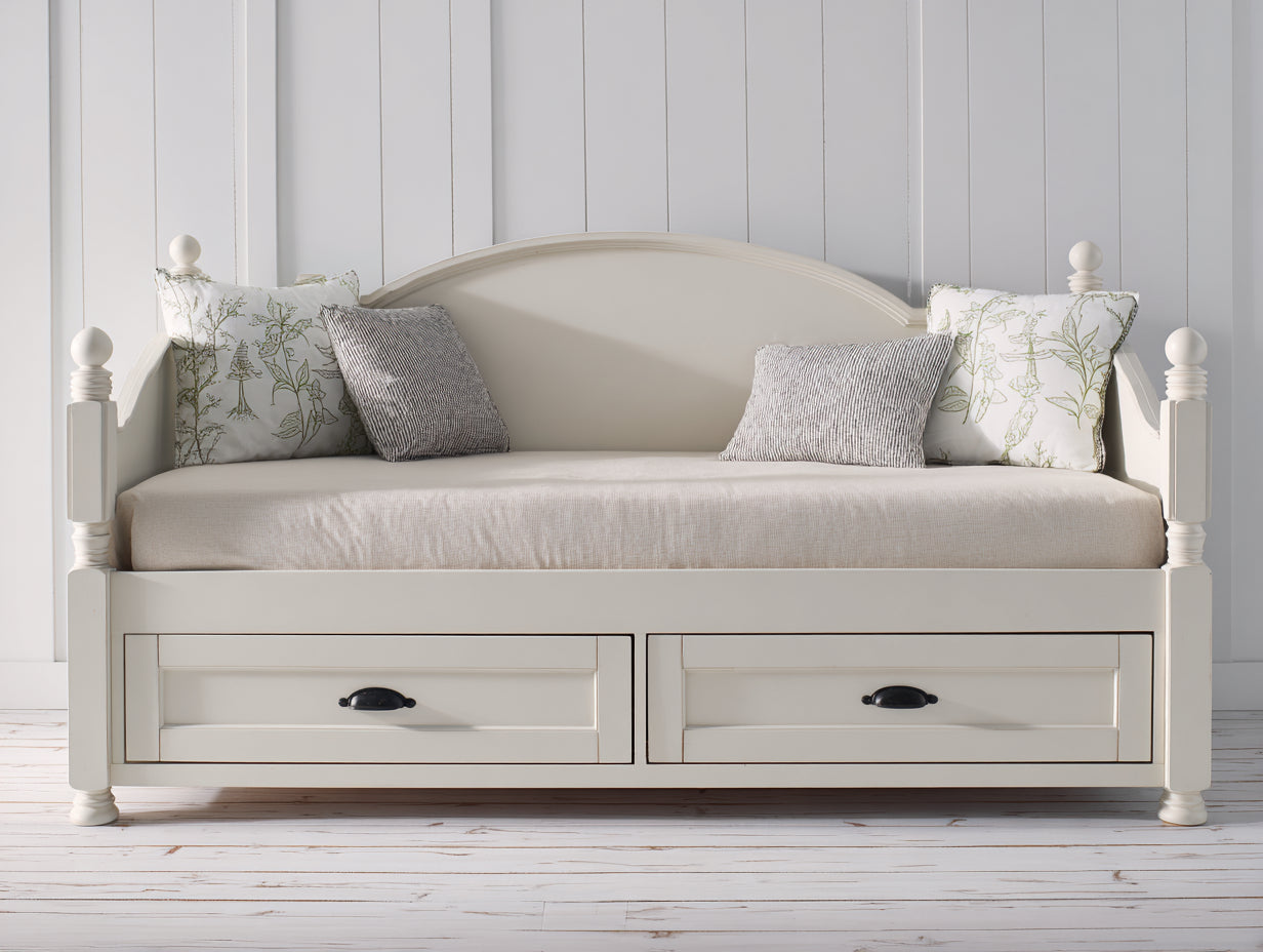 Schlafsofa 200 x 90 x 85 cm - Weißes Holzdesign - Funktionssofa mit zwei Schubladen und klassischem Landhausstil