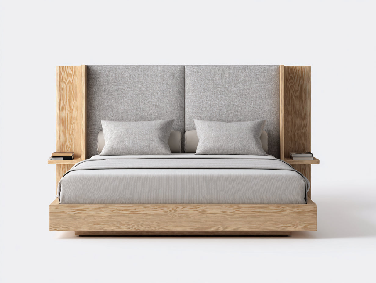 Doppelbett 220 x 220 x 130 cm - Polsterbett mit Stoffbezug - Modernes Bettgestell mit Kopfteil und Ablagen - Naturholzfarben-Grau