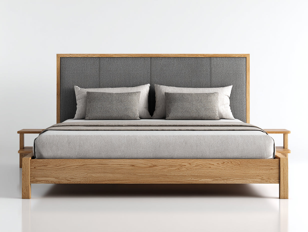 Doppelbett Massivholz Stoff 200x180x105 cm - Grau Naturholz - Modernes Design