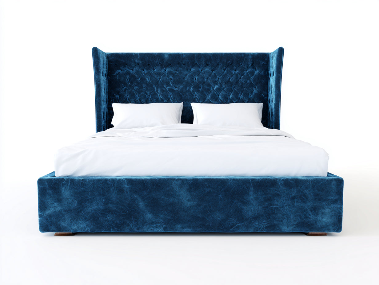 Doppelbett 220 x 220 x 130 cm - Polsterbett mit Samtbezug - Modernes Bettgestell für Schlafzimmer - Blau