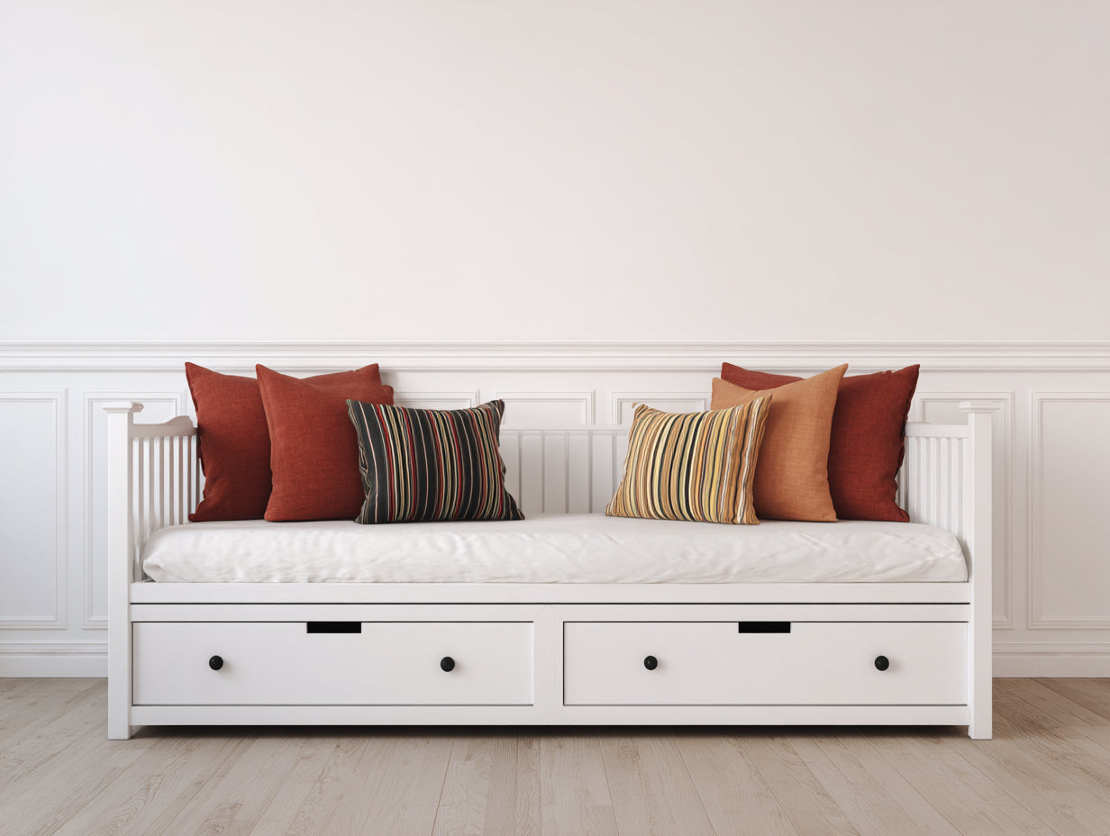 Schlafsofa 200 x 90 x 85 cm - Weißer Holzrahmen mit Stoffbezug - Funktionssofa mit zwei Schubladen im Landhausstil