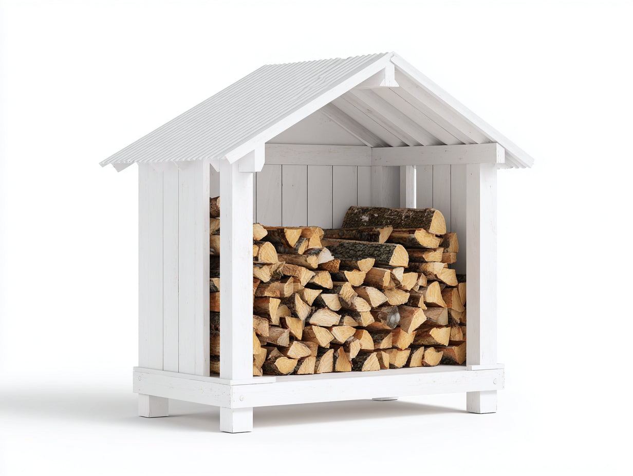 Kaminholzregal 120 x 60 x 130 cm - Weißes Holzregal mit Dach - Überdachtes Brennholzregal für Außenbereich